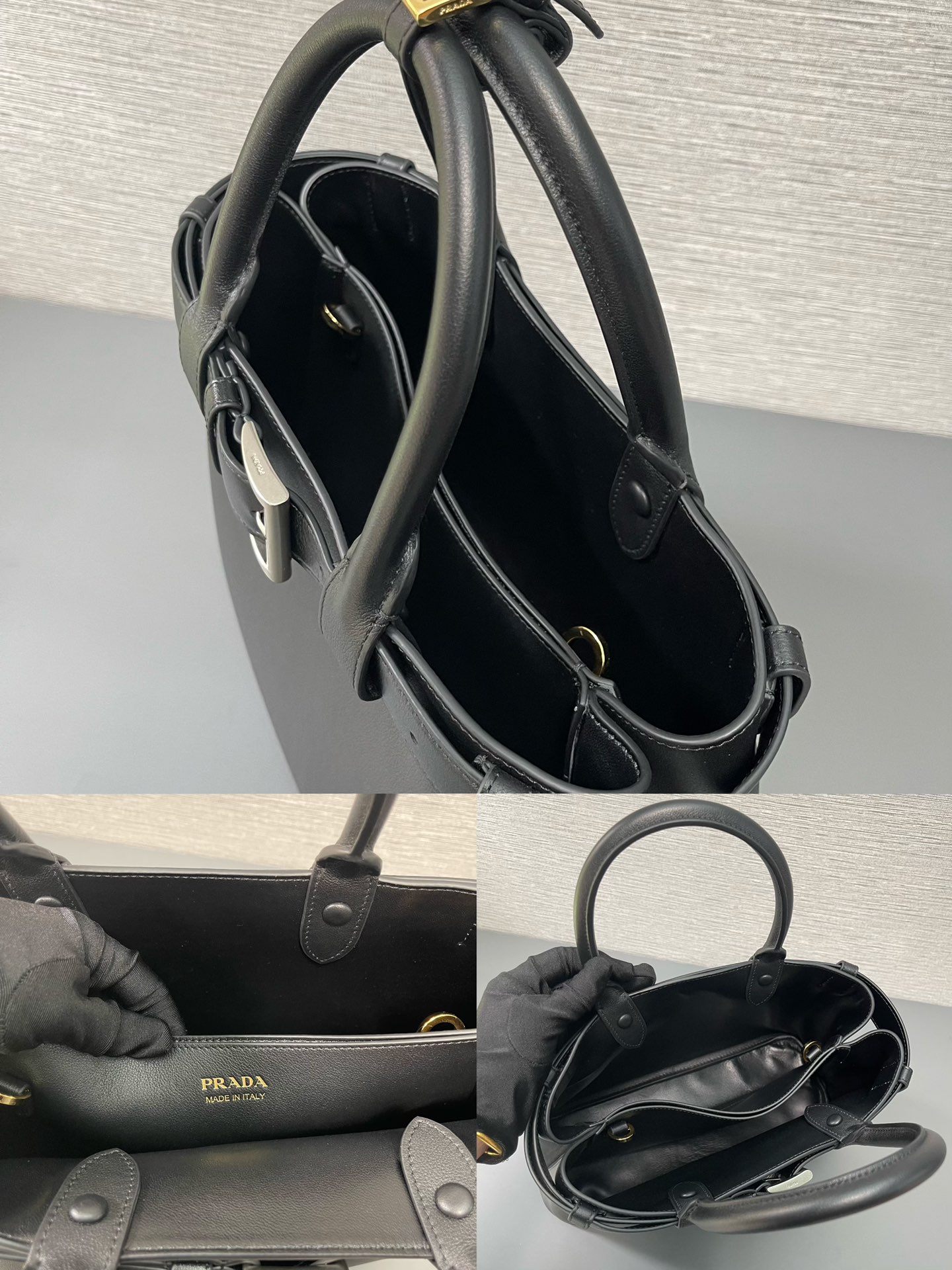 Prada Medium Buckle Leather Handbag Shoulder Bag With Belt Black 1BA434